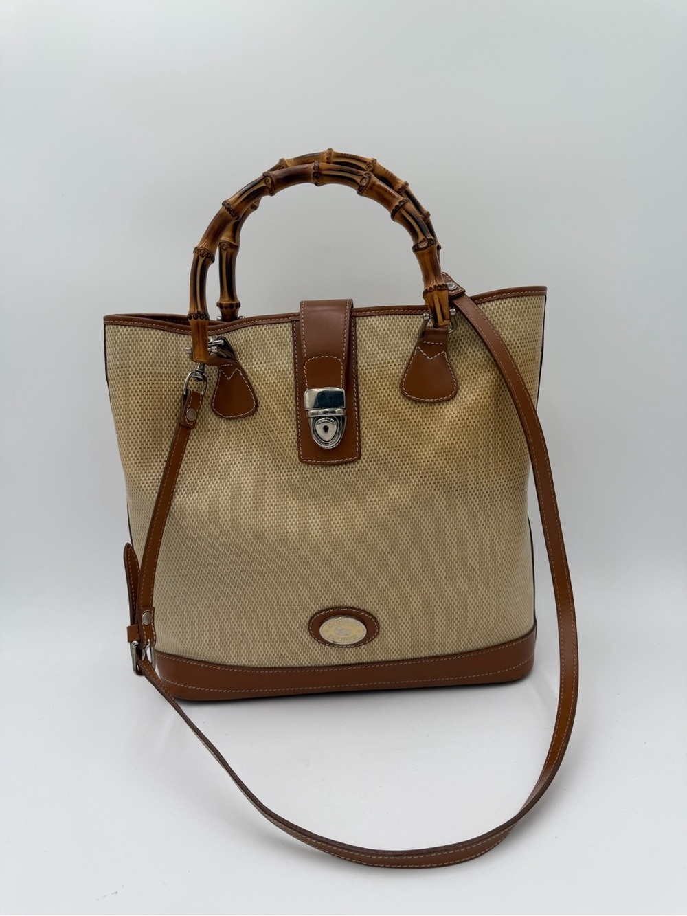 Vintage Dooney & Bourke Bamboo Handle Shopper Bag USA Tan Canvas Leather